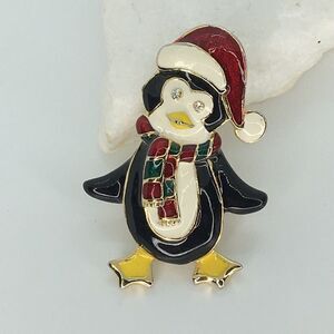 Vintage Whimsical Winter Hat & Scarf Penguin Brooch Pin Enamel Rhinestone Quirky